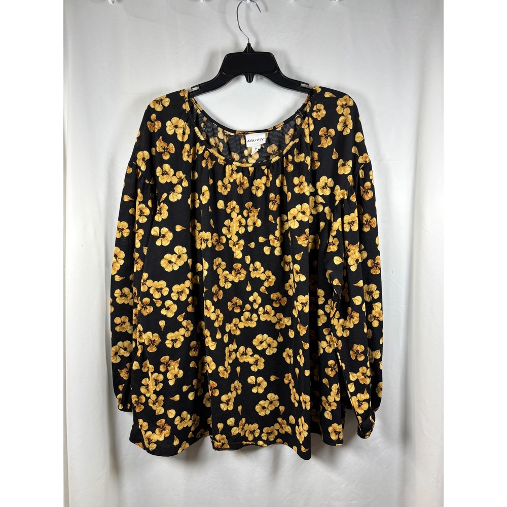 Ava & Viv Black Yellow‎ Floral Print Long Sleeve Blouse Plus Size 2X